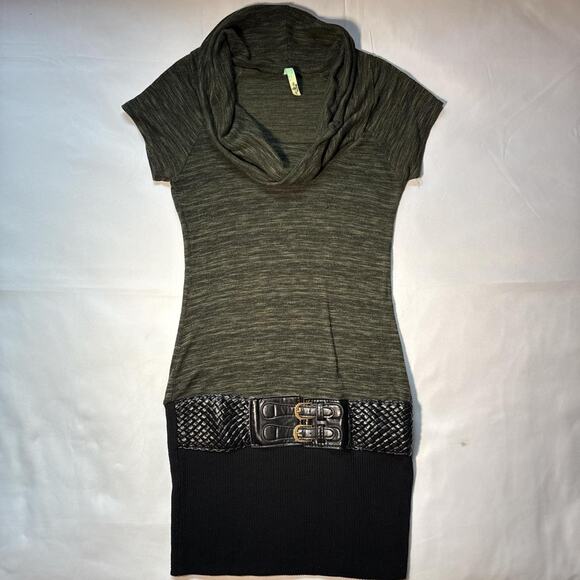 Green Cowl Neck Tunic Sweater Dress w/ Wide Black Double Buckle Belt – Size XS/S - Picture 4 of 11